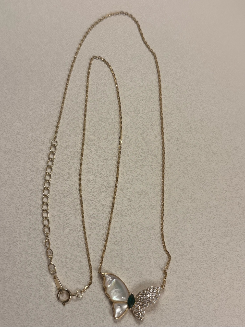 Gold Butterfly Pendant Necklace with Mother-of-Pearl and Crystal Accents